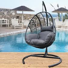 6 1 Ft Outdoor Indoor Freestanding Hanging Grey Wicker Swing Egg Chair Hammock Chair With Large C Bracket And Cushion
