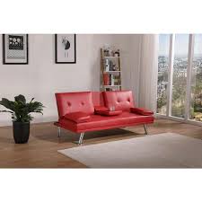 31 In Wide Armless Faux Leather Mid Century Modern Straight Sleeper Sofa In Red