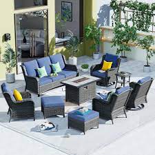 Ovios Joyoung Gray 9 Piece Wicker Patio Rectangle Fire Pit Conversation Set With Denim Blue Cushions And Swivel Chairs