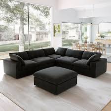 120 45 In L Shape 6 Piece 30 Linen Down Filled Rectangle Sectional Sofa Seperable Corner Couch With Ottoman In Black