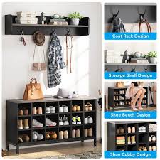 Byblight Carmelita Black Hall Tree With Shoe Storage And Coat Rack Shoe Organizer With Wall Mounted Shelf And Hooks