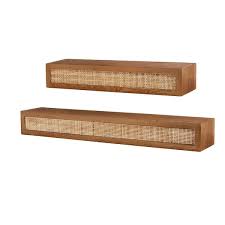 Natural Wood Floating Wall Shelves With Rattan Caning Detail Set Of 2