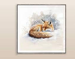 Watercolor Fox Sleeping In The Snow