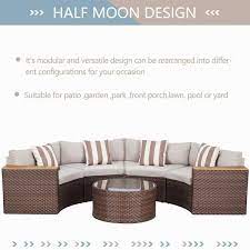 5 Piece Wicker Outdoor Half Moon Sectional Sofa Set With Brown Cushions And Round Table