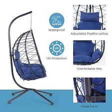 Outdoor Indoor Egg Chair With Stand And Nave Blue Cushion Pe Wicker Patio Chair Swing Chair Lounge Hanging Basket Chair