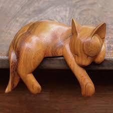 Suar Wood Sleeping Cat Sculpture