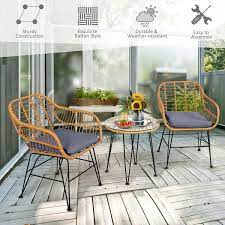 3 Piece Rattan Furniture Set With Cushioned Chair Table Gray