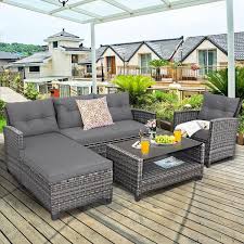 4 Pieces Patio Rattan Furniture Set With Cushion And Table Shelf