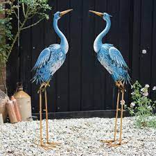38 In Large Standing Blue Metal Crane Statue Heron Garden Animal Sculpture For Indoor Outdoor Bird Art Decor