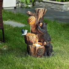 Luxenhome Bear And Honey Beehive Tree Resin Outdoor Fountain With Led Lights