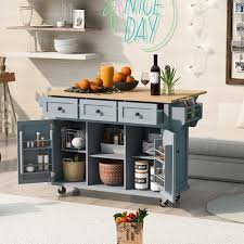 Runesay Blue Rubber Wood 53 In W Kitchen Island Cart With Drop Leaf Countertop And Cabinet Door Internal Storage Racks