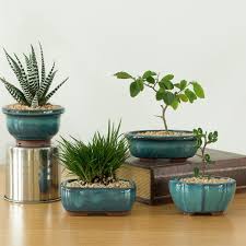Gardenised Decorative Mini Glazed Ceramic Bonsai Succulent Pots Flower Planter With Drainage Holes 4 Pack Blue