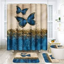 4 Pcs Shower Curtain Set Blue Erfly