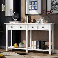 59 Inch Long Console Table Sofa Table For Entryway With Drawers And Shelf Living Room Sideboard Ivory
