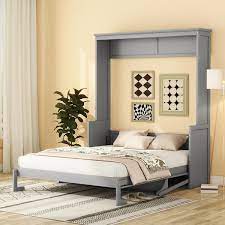 Gray Wooden Frame Queen Size Murphy Bed With A Storage Shelf