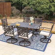 Brown 7 Piece Cast Aluminum Patio Outdoor Dining Set With Rectangle Table And Swivel Chairs With Beige Cushion