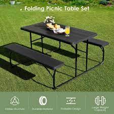 Black Rectangle Plastic Outdoor Folding Picnic Table Bench Set With Wo