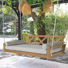 Logan 2 Person Teak Wood Porch Swing Daybed With Off White Cushion