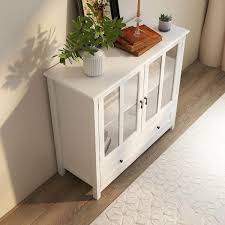 White Wood 41 34 In Buffet Storage Cabinet With Single Glass Doors And Unique Bell Handle