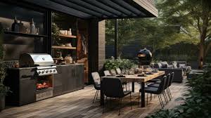 A Black Outdoor Kitchen With Plants On
