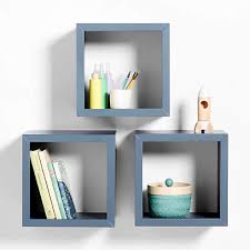 Blue Wood Floating Cube Shelves Set