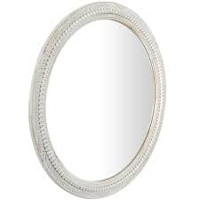 Litton Lane 36 In X 36 In Carved Wood Round Framed White Wall Mirror With Whitewashed Beaded Frame