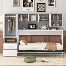 White Wood Frame Twin Size Murphy Bed Wall Bed With Open Shelves 2 Drawer Built In Wardrobe Table