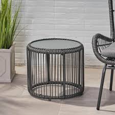 Pabrico Outdoor Wicker Side Table With Tempered Glass Top Gray By Noble House