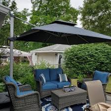 10 Ft Square Double Top Aluminum Umbrella Cantilever Polyester Patio Umbrella In Gray With Beige Cover