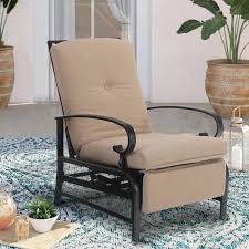 Phi Villa Adjustable Black Metal Outdoor Recliner With Beige Cushions