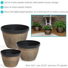 Sunnydaze Resin Faux Basketweave Outdoor Planter Set Of 3 Brown
