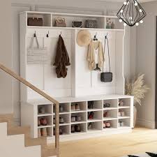 63 In W White Wood 3 In 1 Hall Tree Coat Rack Shoe Storage Bench With 6 Metal Double Hooks Shoe Rack And Shelves