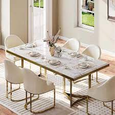 Forclover 71 In Rectangular Luxury White Marble Modern Dining Table W Gold Stainless Legs For Kitchen And Dining Room Seats 8 White 71
