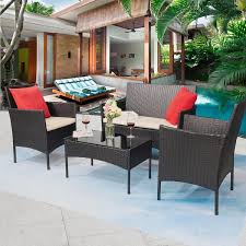 Tozey Black 4 Pieces Wicker Outdoor Patio Furniture Sets Rattan Chair Wicker Set With Beige Cushion