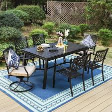 7 Piece Metal Outdoor Dining Set With Extensible Rectangular Slat Table And Elegant Swivel Chairs With Beige Cushions