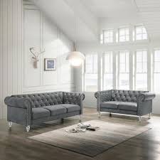 Gray Velvet Living Room Set With Sofa