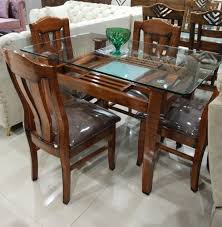 4 Chair Wooden Glass Dining Table Set