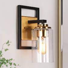 Zevni Z H7q7fvur 4544 Cucko 1 Light Brass Gold Modern Indoor Wall Sconce Black Bathroom Vanity Light Cylinder Seeded Glass Wall Light