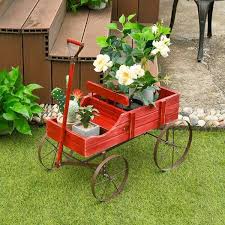 Gymax Garden Plant Planter Wooden Wagon Planter W Wheel Garden Yard Red