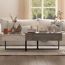 51 2 In W Marble Texture Rectangle Wood Coffee Table Console In Gray White With Trestle Base And 4 Drawers