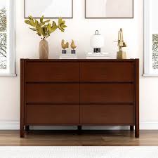 Magic Home 47 2 In Mid Century 6 Drawers Wood Dresser Storage Accent Cabinet For Bedroom Living Dining Room Hallway Rich Walnut