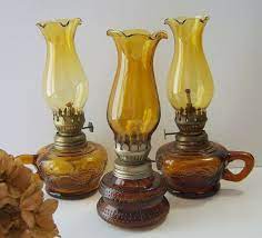 Vintage Miniature Amber Glass Oil Lamps