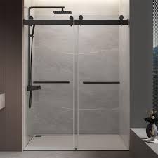 Abruzzo 72 In W X 76 In H Double Sliding Frameless Shower Door With 0 39 In Clear Glass And Buffer Function Matte Black