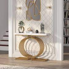 Byblight Turrella 40 In Faux Marble White 32 In Height Rectangle Mdf Console Table With Gold Base Modern Entryway Sofa Table