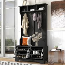 Black Hall Tree With 2 Flip Shoe Storage Drawers 4 Metal Hooks And Bench Wood Hallway Coat Rack For Living Room