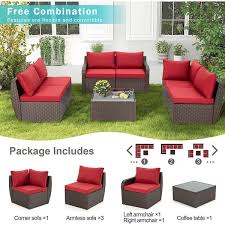 Cesicia 7 Piece Wicker Outdoor Sectional Sofa Set Patio Furniture Conversation Set With Ergonomic Curved Armrest In Red Cushion