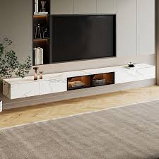 110 24 In White Wall Mounted Marble Floating Tv Stand Fits Tv S Up To 100 In With Motion Sensor Led Light And Drawer