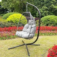 Outdoor Wicker Folding Hanging Chair Rattan Patio Swing Hammock Egg Chair With Cushion And Pillow