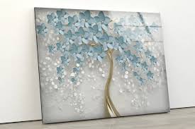 Blue 3d Flowers Tree Tempered Glass