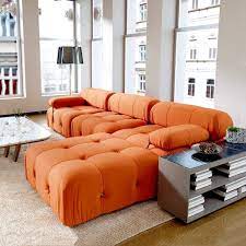 113 4 In Free Combination Minimalist L Shape Sofa 4 Wide Seats Tufted Teddy Velvet Sectional Couch With Ottoman Orange